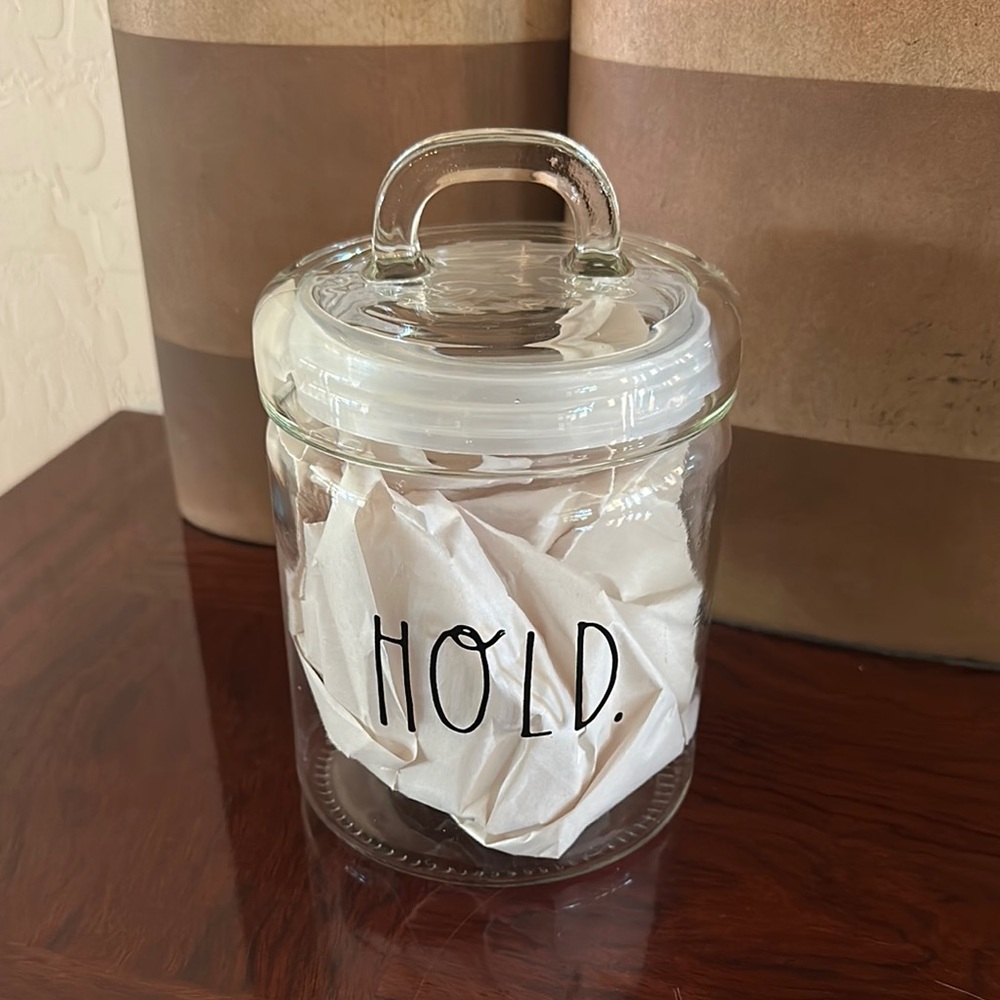 Rae Dunn *NWOT* "Hold." Clear Glass Canister Jar with Lid